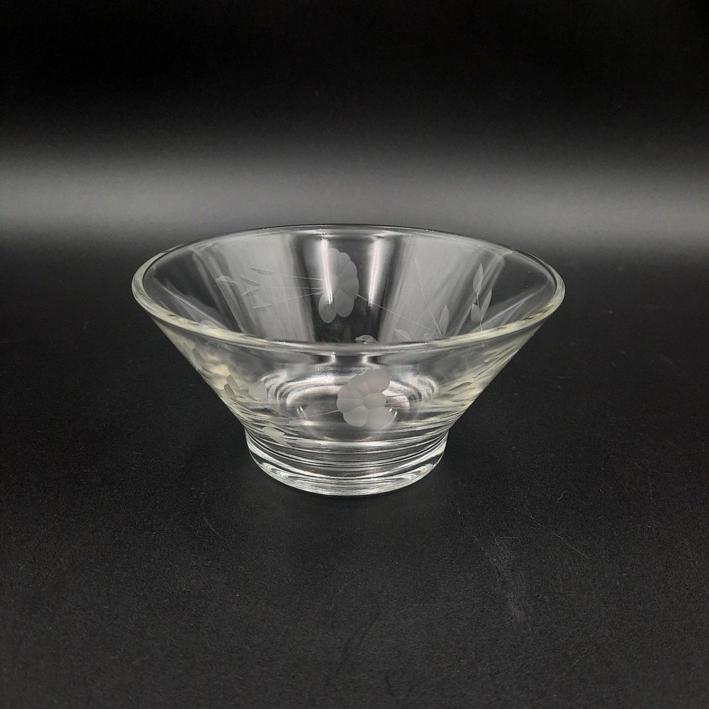 Vintage Clear Glass Bowl Etched Floral‎ Leaf Design Small Serving Dish